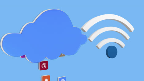 Animación-De-Wifi-E-Iconos-En-Línea-Con-Nube-Azul-Digital-Sobre-Fondo-Azul