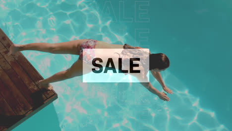 Animation-of-sale-text-over-woman-at-the-swimming-pool
