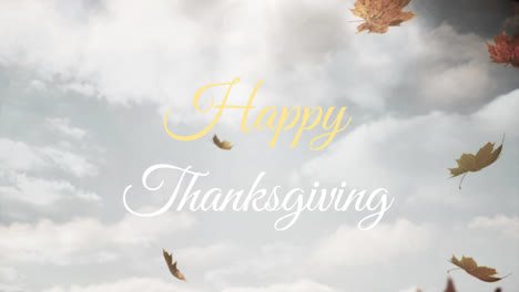 Happy-Thanksgiving-Text-über-Mehrere-Ahornblätter-Fallen-Gegen-Wolken-Im-Himmel