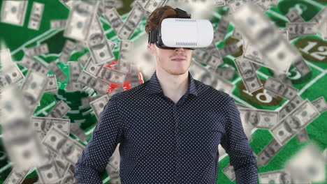Animation-of-using-vr-headset-and-virtual-interface,-over-dollar-bills-rising-and-gambling-table