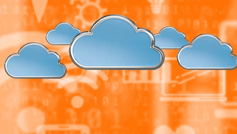 Animation-of-wifi-and-online-icons-and-digital-blue-clouds-on-orange-background