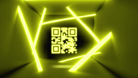 Digitale-Animation-Eines-Leuchtenden-QR-Codes-Vor-Einem-Leuchtenden-Neongelben-Tunnel-Auf-Schwarzem-Hintergrund