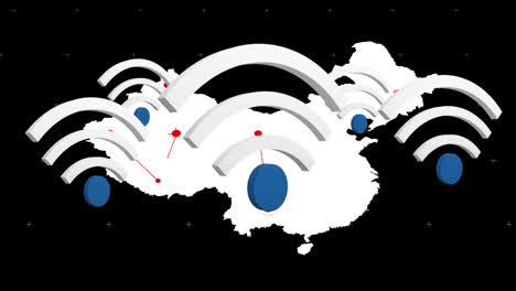 Mehrere-WiFi-Symbole-Schweben-Vor-Der-Weltkarte-Auf-Schwarzem-Hintergrund