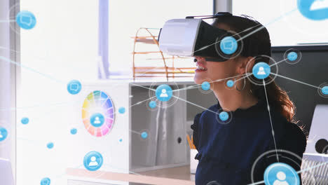 Animation-of-networks-of-connections-and-businesswoman-wearing-phone-vr-headset