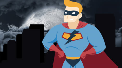 Digital-animation-of-male-superhero-icon-over-silhouette-of-tall-buildings-against-moon-in-night-sky