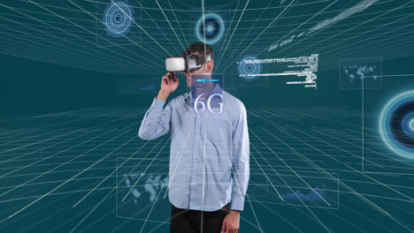 Animation-of-6g-text,-scopes-scanning-and-data-processing-over-man-wearing-vr-headset