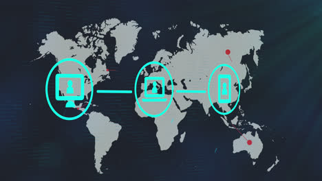 Netzwerk-Digitaler-Symbole-über-Weltkarte-Auf-Blauem-Hintergrund