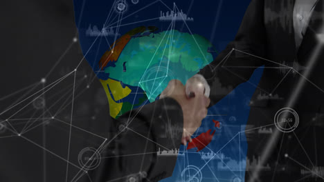 Network-of-connections-over-mid-section-of-two-businessmen-shaking-hands-against-spinning-globe