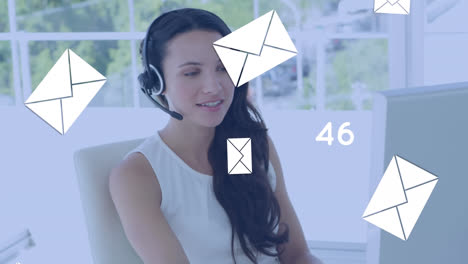 Animation-of-email-icons-and-numbers-changing-over-businesswoman-wearing-phone-headset