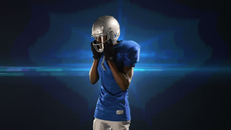 Animation-of-american-football-player-putting-helmet-on-on-blue-glowing-background
