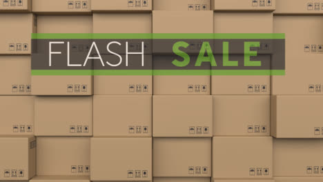 Animation-of-flash-sale-text-over-stack-of-cardboard-boxes-in-warehouse