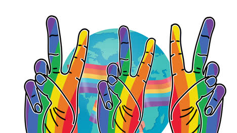 Three-rainbow-colored-hand-peace-signs-against-hands-holding-gay-pride-flags-over-globe