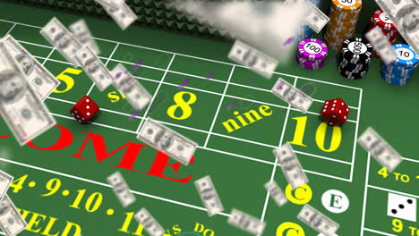 Animation-Von-US-Dollar,-Die-über-Der-Spieltafel-Eines-Casinos-Schweben