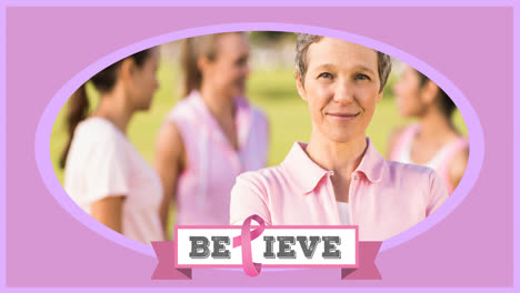 Animation-of-pink-ribbon-logo-with-believe-text-over-diverse-group-of-women