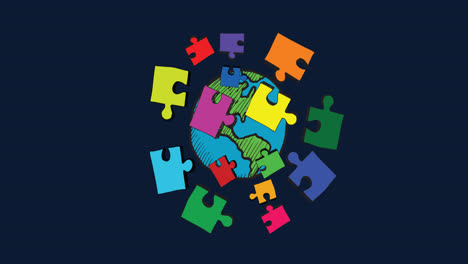 Animation-of-multi-coloured-puzzles-over-globe-on-blue-background