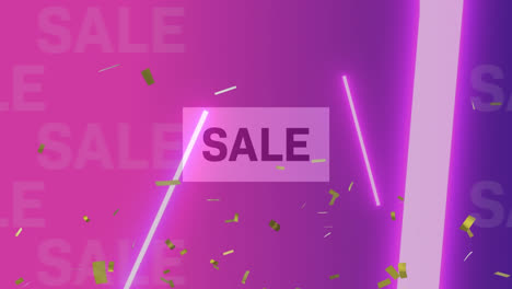Animation-of-sale-text-over-falling-gold-confetti-on-purple-and-pink-background