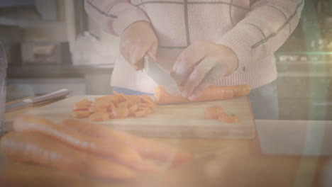 Animation-of-flickering-spots-of-light-over-woman-cutting-carrot-in-kitchen-at-home
