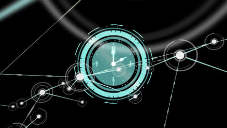 Animation-Einer-Uhr-Mit-Rotierenden-Zeigern-Und-Einem-Netzwerk-Von-Verbindungen-Auf-Schwarzem-Hintergrund
