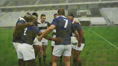 Animation-of-colourful-squares-over-male-rugby-players-at-stadium