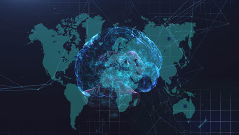 Menschliches-Gehirn-Dreht-Sich-Gegen-Verbindungsnetzwerk-über-Weltkarte-Auf-Blauem-Hintergrund