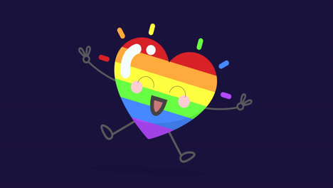 Animation-of-rainbow-coloured-heart-showing-victory-sign-on-purple-background