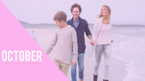 Animation-of-pink-ribbon-logo-with-breast-cancer-text-over-smiling-family-on-beach
