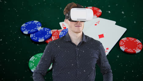 Animation-of-using-vr-headset-and-interface,-over-playing-cards-and-poker-chips-on-gambling-table