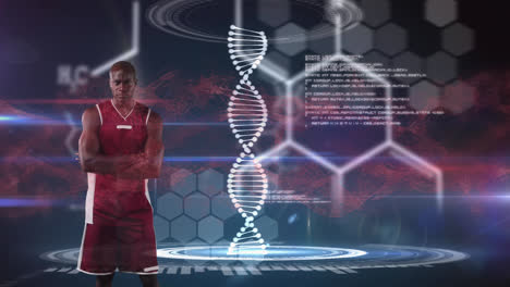 Animation-Der-DNA-Strangdrehung-Und-Datenverarbeitung-über-Einem-Basketballspieler