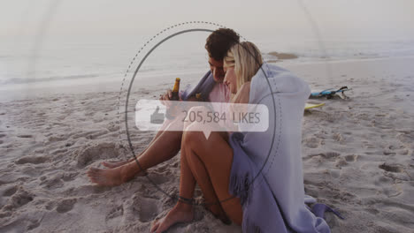 Animation-of-speech-bubble-with-thumbs-up-and-like-numbers-over-couple-having-beer-on-beach