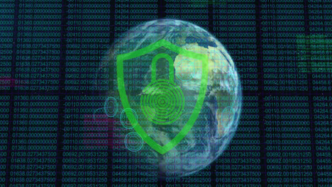 Sicherheits-Vorhängeschloss-Symbol-über-Dem-Sich-Drehenden-Globus-Vor-Binär-Kodierter-Datenverarbeitung-Auf-Schwarzem-Hintergrund