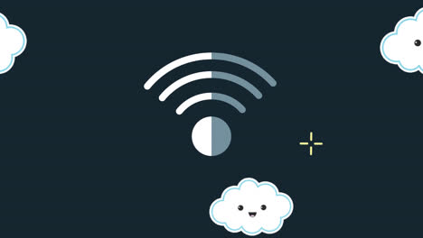 Animation-of-wifi-icon-and-digital-clouds-with-faces-on-blue-background