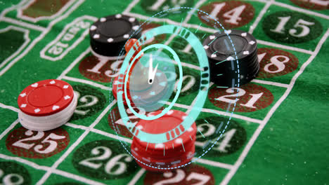 Animation-of-clock-with-turning-hands,-over-poker-chips-stacked-on-gambling-table
