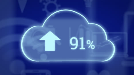 Animation-of-online-icons-and-digital-cloud-with-arrow-and-percent-growing-on-blue-background