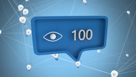 Eye-icon-and-increasing-views-on-speech-bubble-against-network-of-bulb-icons-against-blue-background