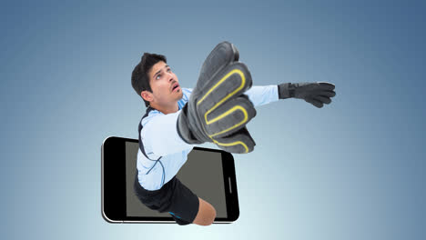 Animation-Eines-Fußballtorwarts-über-Smartphone-Auf-Blauem-Hintergrund