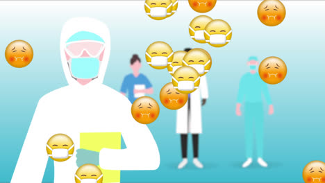 Multiple-face-emojis-falling-over-medical-health-worker-icons-against-blue-gradient-background