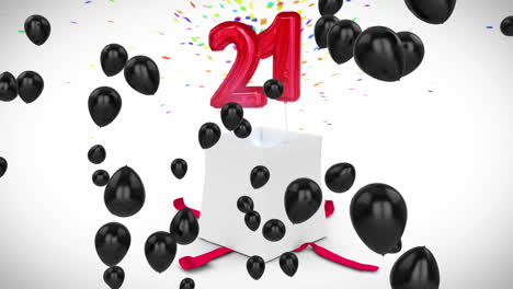 Animation-of-happy-birthday-text-over-21-number-and-black-balloons-and-present-on-white-background