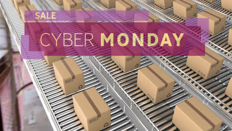 Animation-of-cyber-monday-text-over-cardboard-boxes-on-conveyor-belts-in-warehouse