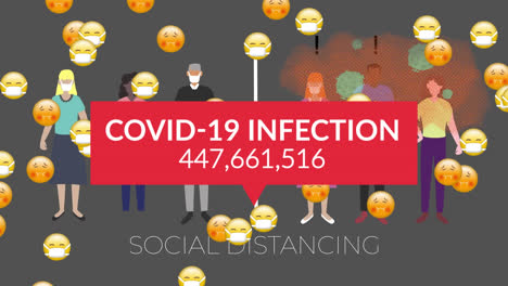 Animation-Des-Covid-19-Infektionstextes-über-Menschen-Mit-Masken-Und-Symbolen-Für-Erkrankte-Personen
