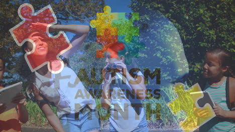 Animation-of-autism-awareness-text-and-colorful-puzzle-pieces-over-happy-playing-children