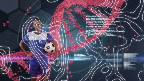 Animation-of-dna-strand-spinning-and-data-processing-over-female-football-player