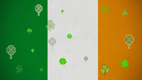 Digitale-Animation-Mehrerer-Kleeblätter,-Die-Vor-Der-Irischen-Flagge-Schweben