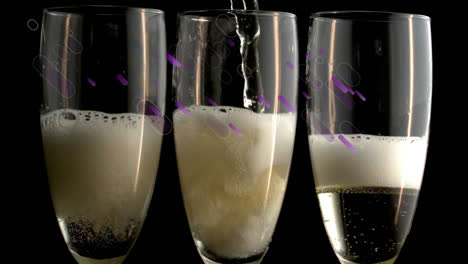 Animation-of-purple-shapes-over-champagne-glasses-on-black-background