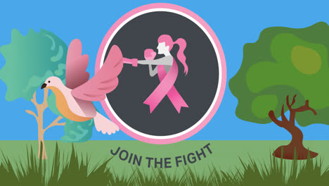 Animation-of-pink-ribbon-logo-and-join-the-fight-text-over-trees-and-bird