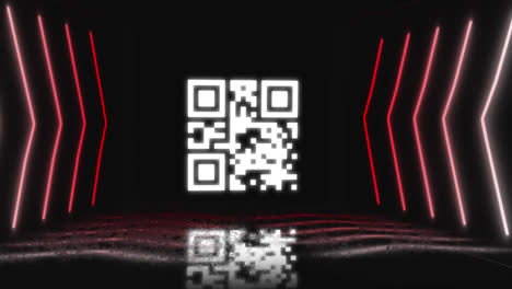 Digital-animation-of-glowing-neon-qr-code-against-glowing-red-lines-on-black-background