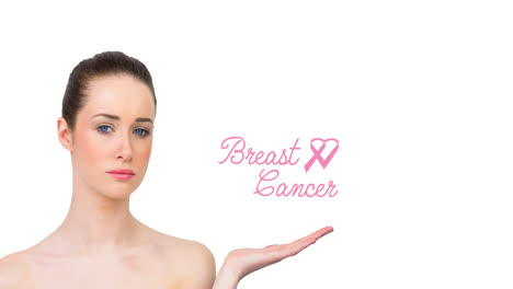 Animation-of-pink-ribbon-logo-with-breast-cancer-text-over-young-woman