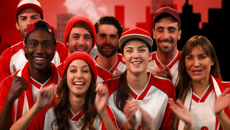 Animation-of-diverse-group-of-sports-fans-cheering-over-cityscape-on-red-background