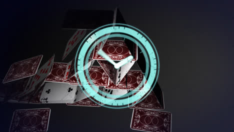 Animation-of-clock-with-turning-hands,-over-collapsing-house-of-cards,-on-dark-background