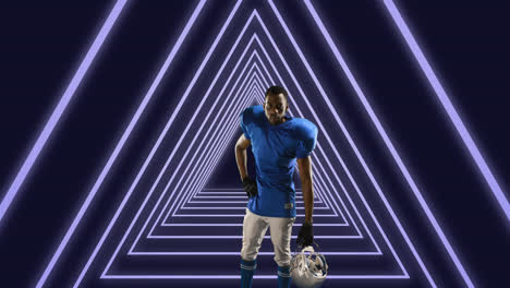 Animation-Eines-American-Football-Spielers,-Der-Einen-Helm-über-Einem-Neonfarbenen-Dreiecktunnel-Hält