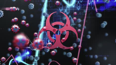 Biohazard-symbol-and-multiple-covid-19-cells-over-financial-data-processing-on-black-background